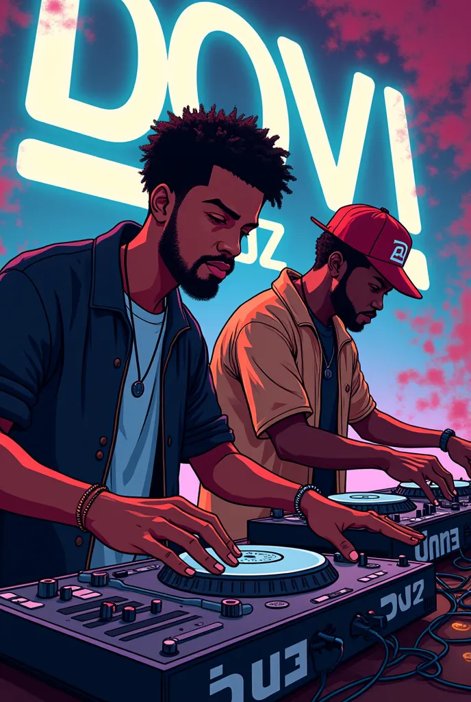 Two black men playing a turntable in anime type and the name dovi djz written infront of them in bold letters