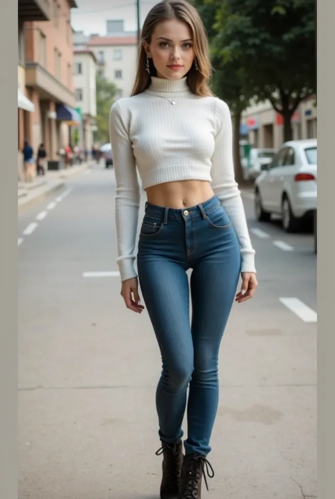 1girl,Seul,cheveux longs,petite,maigre, plat cest,regardant le spectateur,cheveux bruns, cheveux noirs,nombril,bijoux,petits seins,collier,Lèvres,anneau,t-shirt,jeans,réaliste