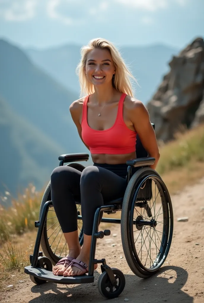 Glamorous fatal blonde young smiling athletic barefoot woman, she is wearing tight  gym uniforms she is in a thin lightweight sports wheelchair with a low back rest. Her feet are on the footplate. The wheelchair does not have handles., she is in a mountain...