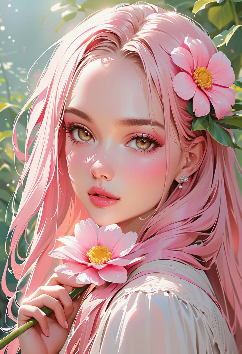 1girl, flower, solo, realistic, pink_hair, holding, hair_flower, looking_at_viewer, holding_flower, hair_ornament, long_hair, pink_flower