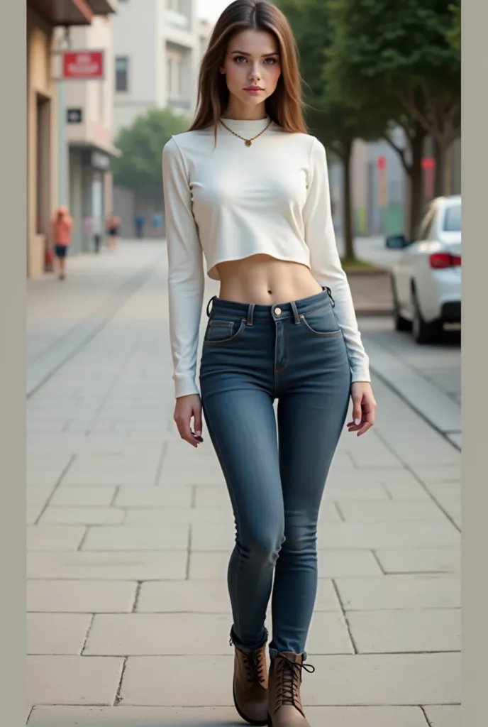 1girl,Seul,cheveux longs,petite,maigre, plat cest,regardant le spectateur,cheveux bruns, cheveux noirs,nombril,bijoux,petits seins,collier,Lèvres,anneau,t-shirt,jeans,réaliste