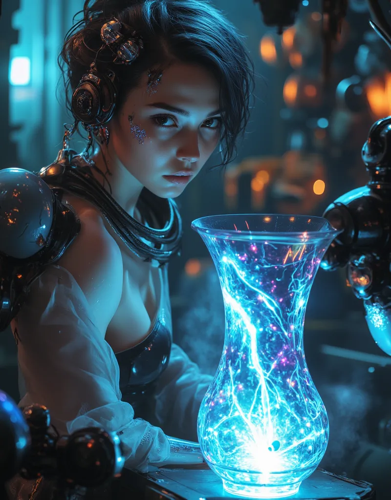 (Photorealistic, ultra-detailed, cinematic lighting, cyberpunk fusion) – A close-up of a beautiful cyber-enhanced woman inside a futuristic glass-blowing workshop. She holds a newly crafted hologlass vase, infused with shifting neon patterns and embedded m...