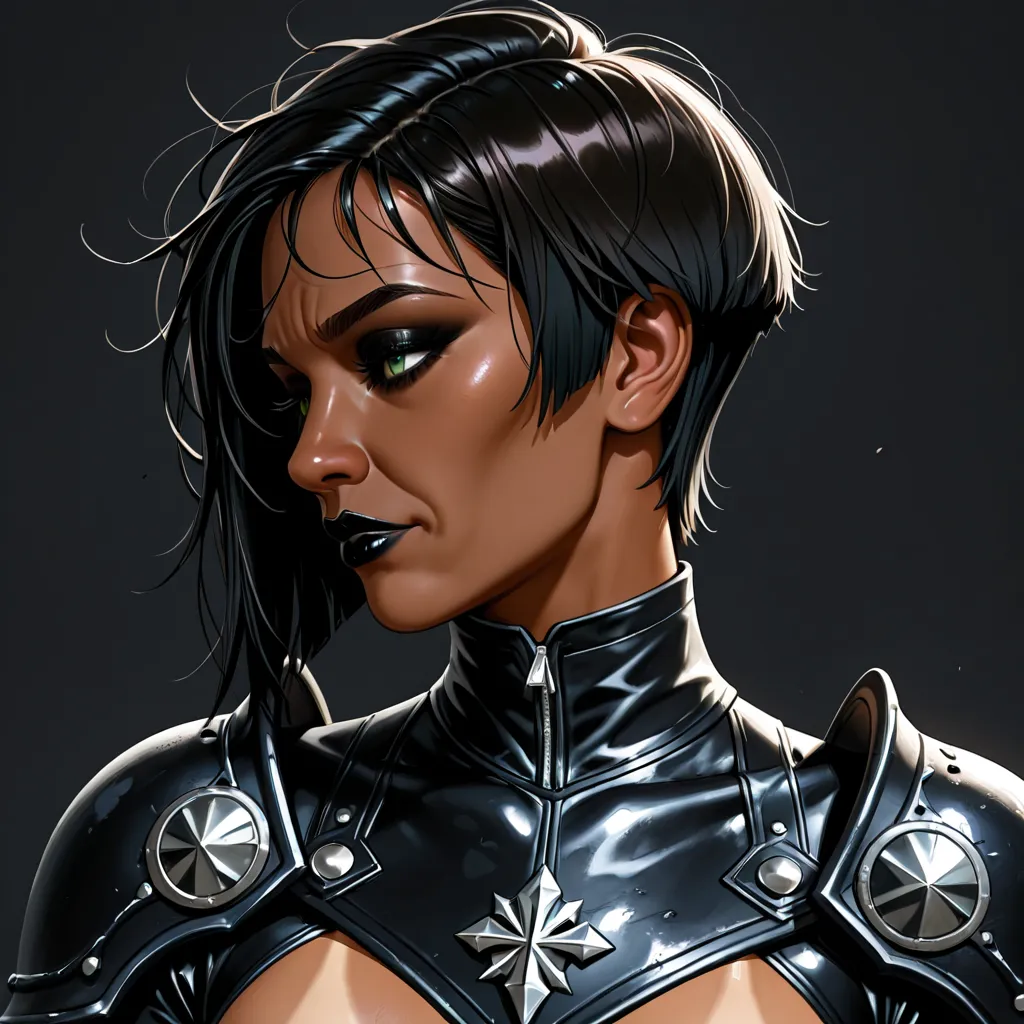 20-year-old woman;(short messy black haircut:1.3);green eyes;(dark tan skin:1.1);(black lipstick:1.3);(background is a flat matte black field);(cute:1.1),seductive pose,goth makeup,profile picture;wearing skimpy fantasy leather armor