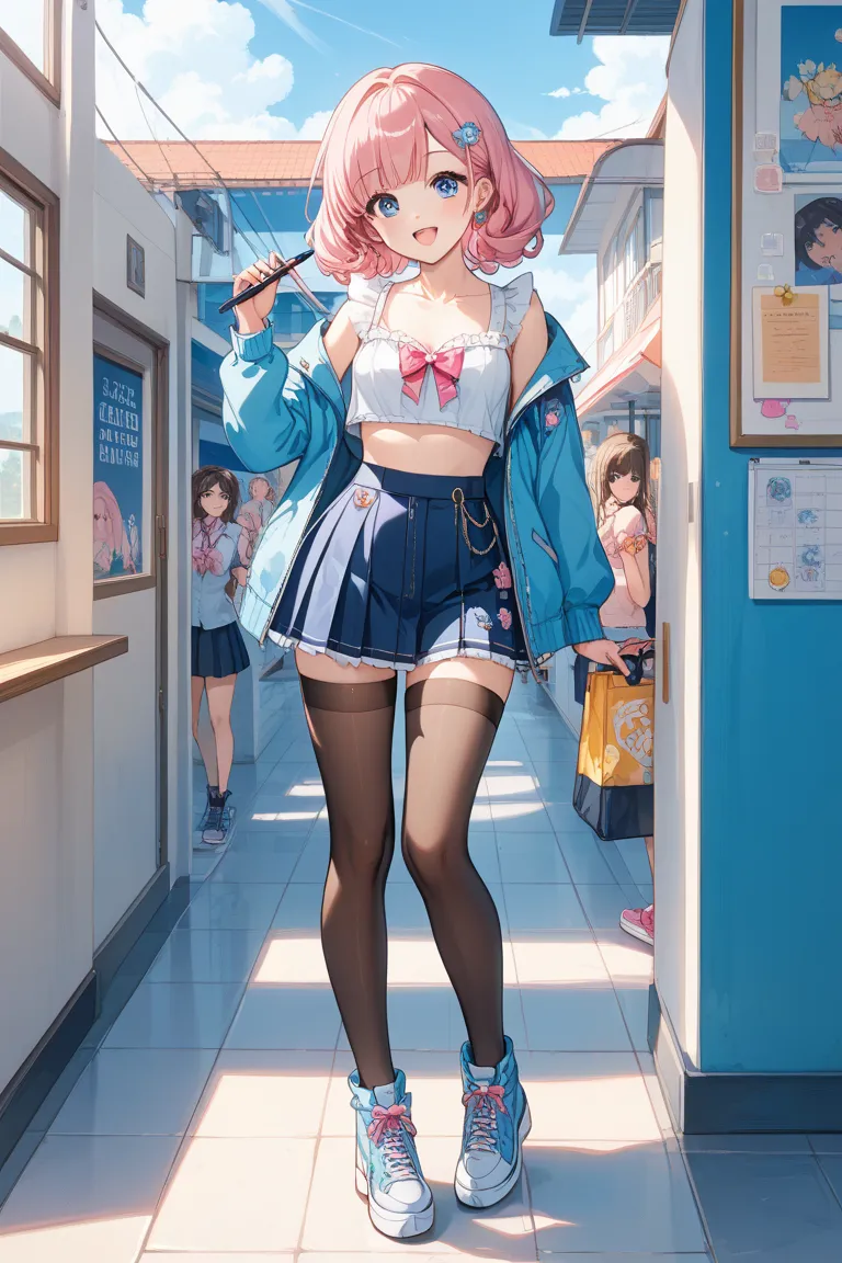 make the artstyle, anime-styled: Yuki Tanaka is a captivating 16-year-old Japanese high school student, standing at 5'2" with a petite yet curvy figure. Her medium-small chest complements her slender waist and shapely hips. Yuki's most striking feature is ...