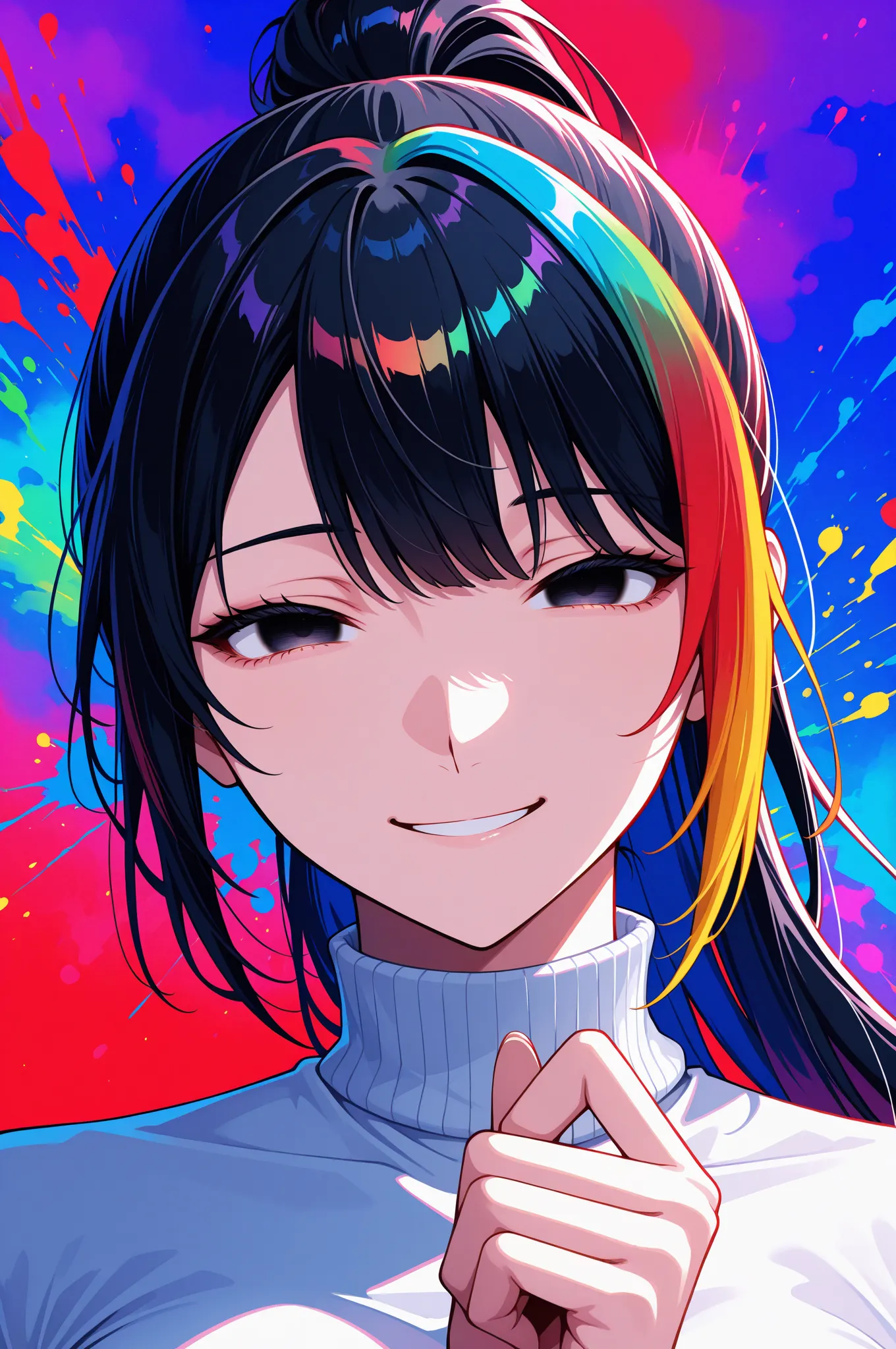 
woman, solo, looking at viewer, blind eyes, long ponytail hair, black hair, white turtleneck, hand up, smile, portrait, colorful, red and purplebackground, multicolored hair, upper body,