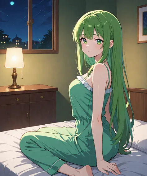 1girl, solo, beautiful sexy anime girl with long green hair & green eyes, wearing mint-green sleeveless pajamas, sitting on the bed, inside of a cottage with dimmed lights, night time, bedtime