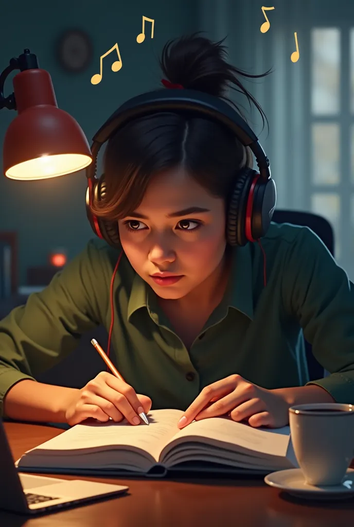 A highly realistic digital painting of a person deeply focused while working or studying. The person is sitting at a desk with headphones on, completely immersed in their task. A warm desk lamp casts a soft glow, illuminating notebooks, a laptop, and a cup...