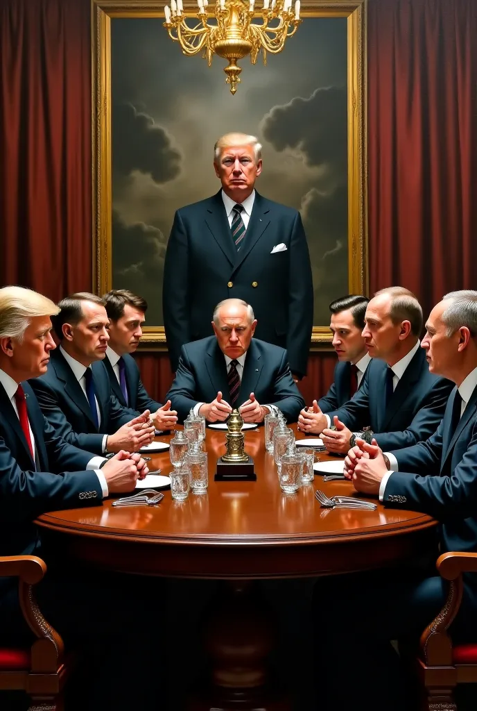 Donald Trump, jeff bezos, elon musk, Mark Zuckerberg, Vladimir Poutine, Benjamin Netanhyaou, Adolf Hitler, kim jong un : Le bureau de la honte.