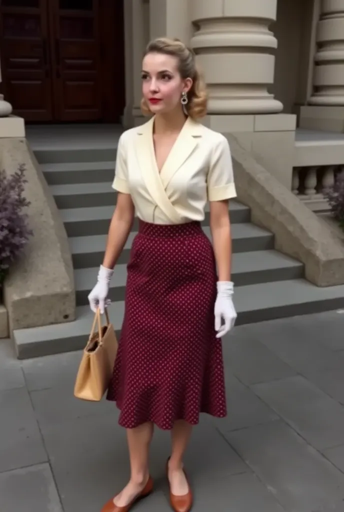 8k, Masterpiece, Top Quality, fair-skinned, victory roll, dangling earrings, cream blouse, wrap style, burgundy polka-dot skirt, mid-calf, Mary Janes, beige handbag, white gloves, stone staircase, classical building, outdoors, 1940s, 1950s.
