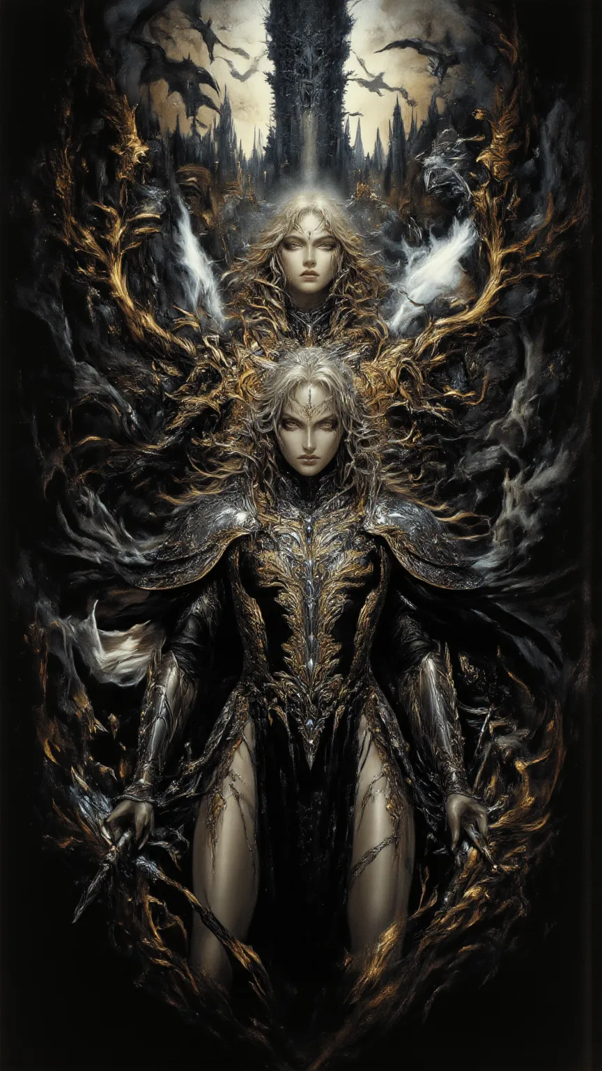 full body, Female Knight，Dark Arts ，fear，Gothic，weapons，sexy，long golden hair，Wayne Reynolds draws，is in a highly detailed and dynamic style, Luminescence