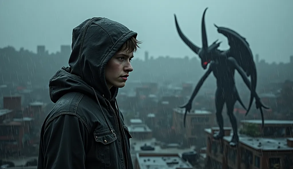  young man ( 20-30 years old ) with an exhausted view stands on the roof of an abandoned building in heavy rain. His thin face with pointed features is hidden under the hood of an old hoodie. deep shadows under the eyes,  dilated pupils, and his pale skin ...