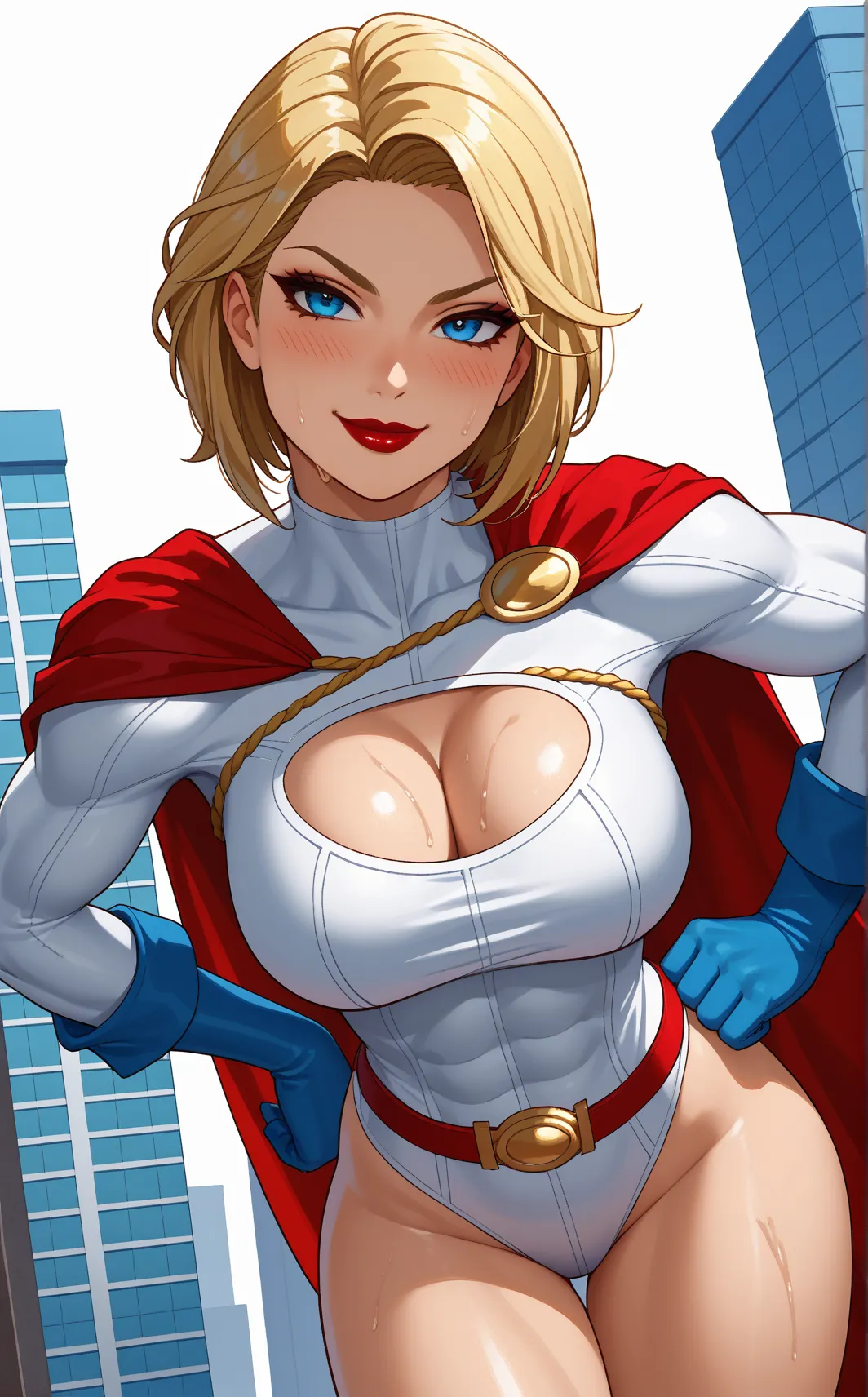 score_9, score_8_up, score_7_up, fighting stance, dynamic pose, action scene, cowboy shot, simple background,depth of field, solo, looking at viewer,  BREAK PONYXL_DC_Powergirl_ownwaifu, 1girl, blonde hair, blue eyes, large breasts, muscular female, short ...