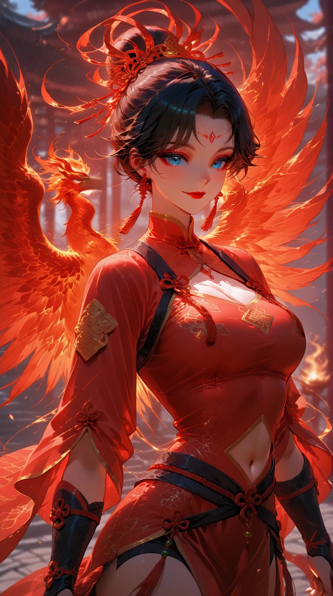 1 Warrior girl, she has Phoenix, breasts, black_hair, blue_eyes, red_lips, navel, chinese_clothes, earrings,chinese warrior, jewelry, hair_bun, smile, looking_at_viewer, queens of destruction, fantasy dark world, fire from Phoenix, fit and sensual body, sh...