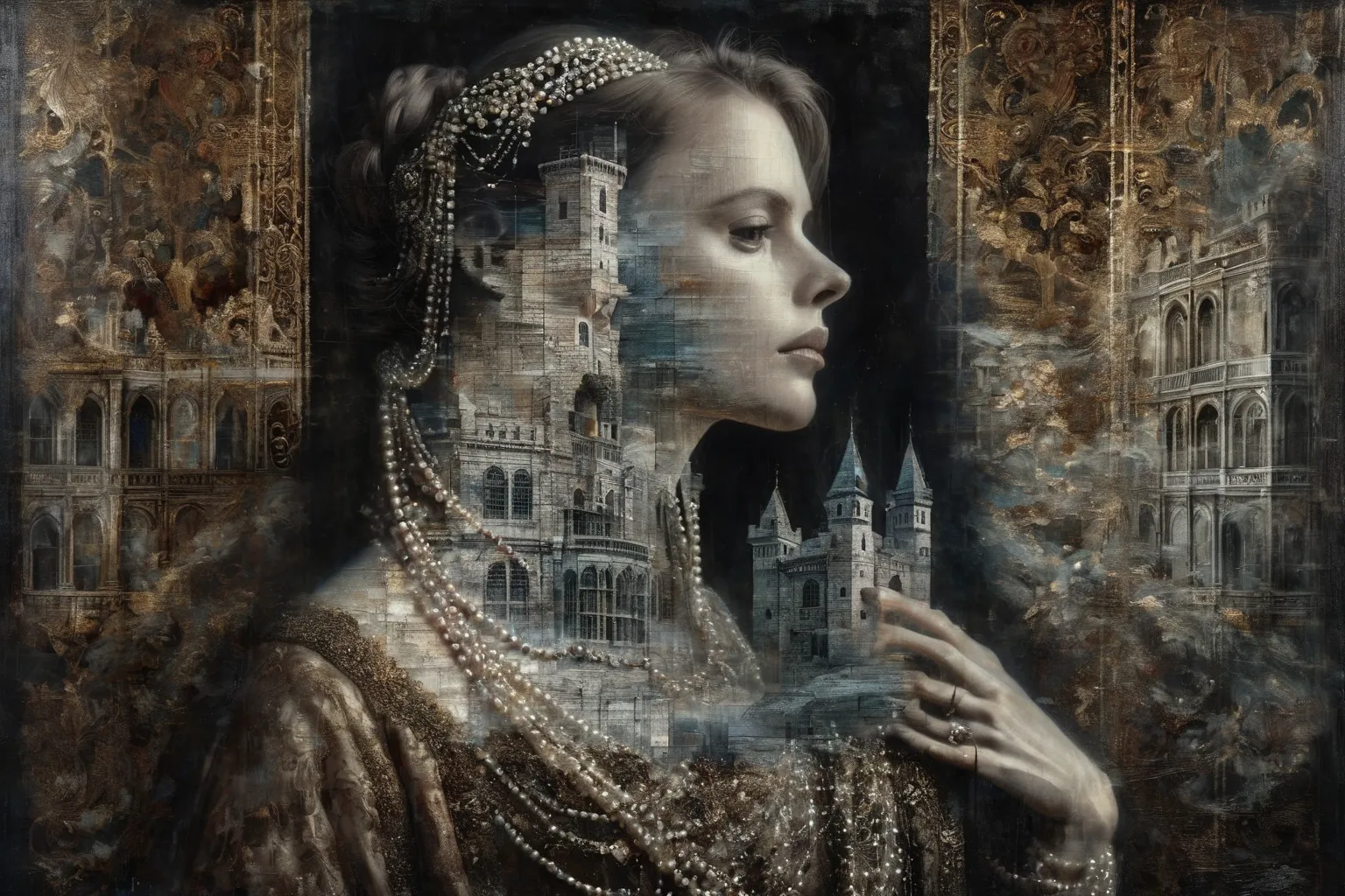 a 4D Double Exposure: Ritratto di una ((donna trasparente con una città castello a doppia esposizione nella sua testa)), in renaissance attire castle backdrop, oil painting, 3/4 profile view,  ornate pearl necklaces, sumptuous fabrics, Ricamo dettagliato, ...