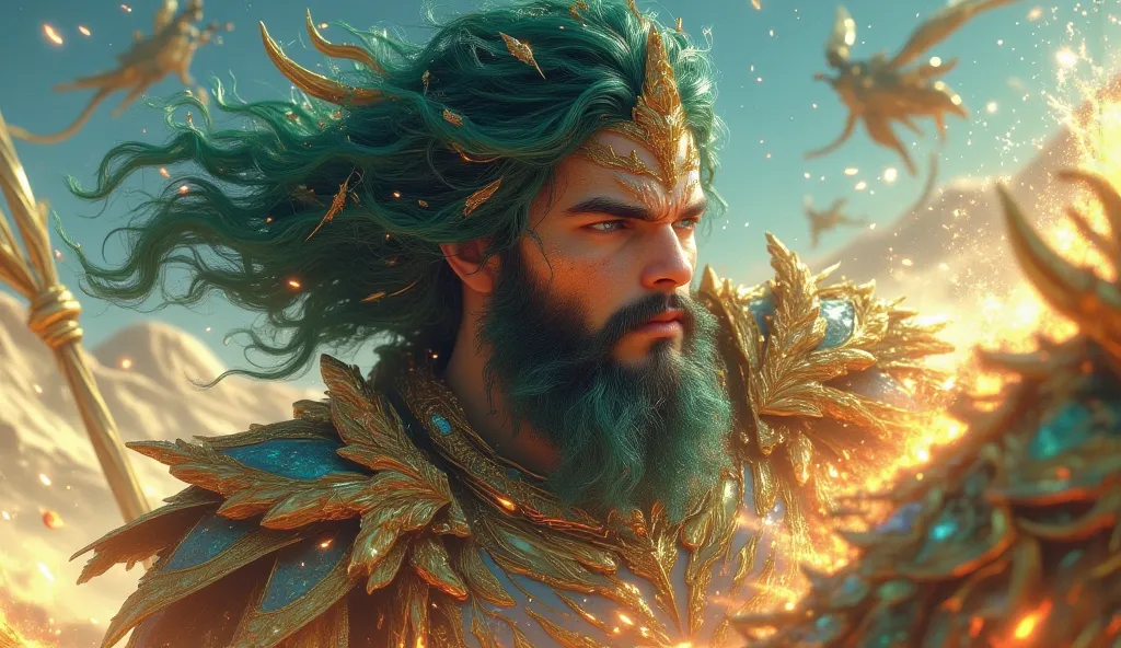 Close-up Poseidon eyes, turquoise hair and black beard with golden armor riding a hippocampus, seahorse riding at high speed in a desert, rays and sparks 