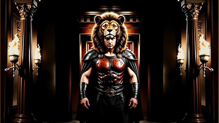 Greek columns, flaming torches, marble columns. Hercules wearing his lion armor. His helmet is the head of a lion. The scene is realistic with a wide frame. His armor is dirty with dust and blood, and his cape is dusty. blood, dust, greece, action, walking...