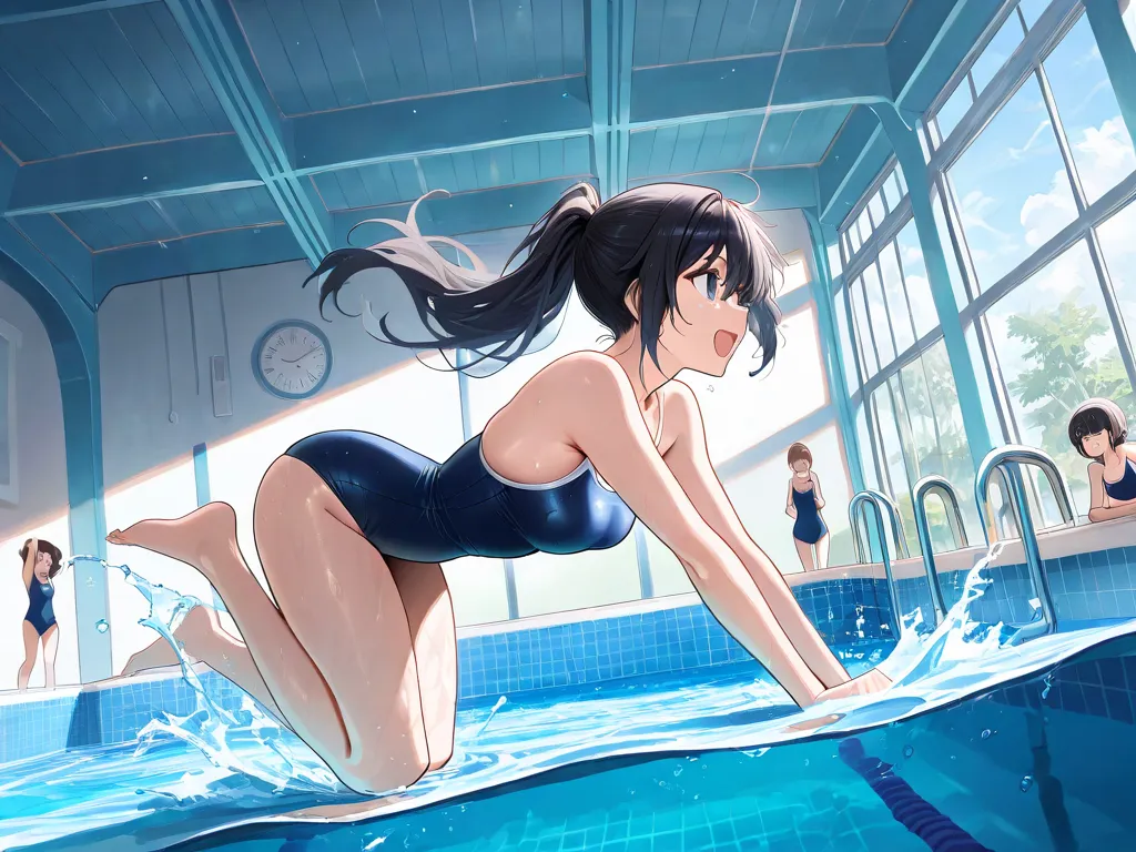 (score_9, score_8_up, score_7_up), source_anime, absurd_res, white, blue, black, a cartoon character is jumping off a diving board into a pool of water, pool, swimsuit, one-piece swimsuit, multiple girls, competition school swimsuit, water, indoors, school...