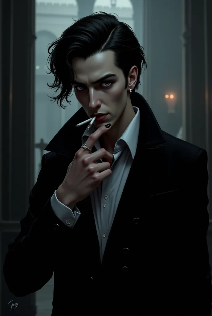 A vampire Man bright gray eyes wavy black hair long loose cynical smile black nails cigarette on finger elegant clothes 