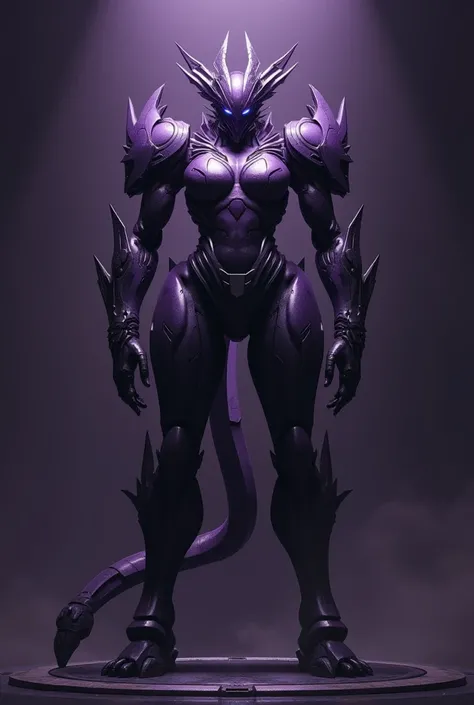  Armored dragon woman mech with muscular body type, front view, full body, dark purple colours in A