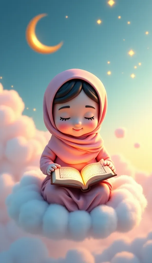 A cute 3D animated girl in a pastel-colored hijab is peacefully sitting on a fluffy floating cloud, holding an open glowing Quran. The Arabic verses shine softly, and the background is a dreamy sky with twinkling stars and a golden crescent moon, symbolizi...