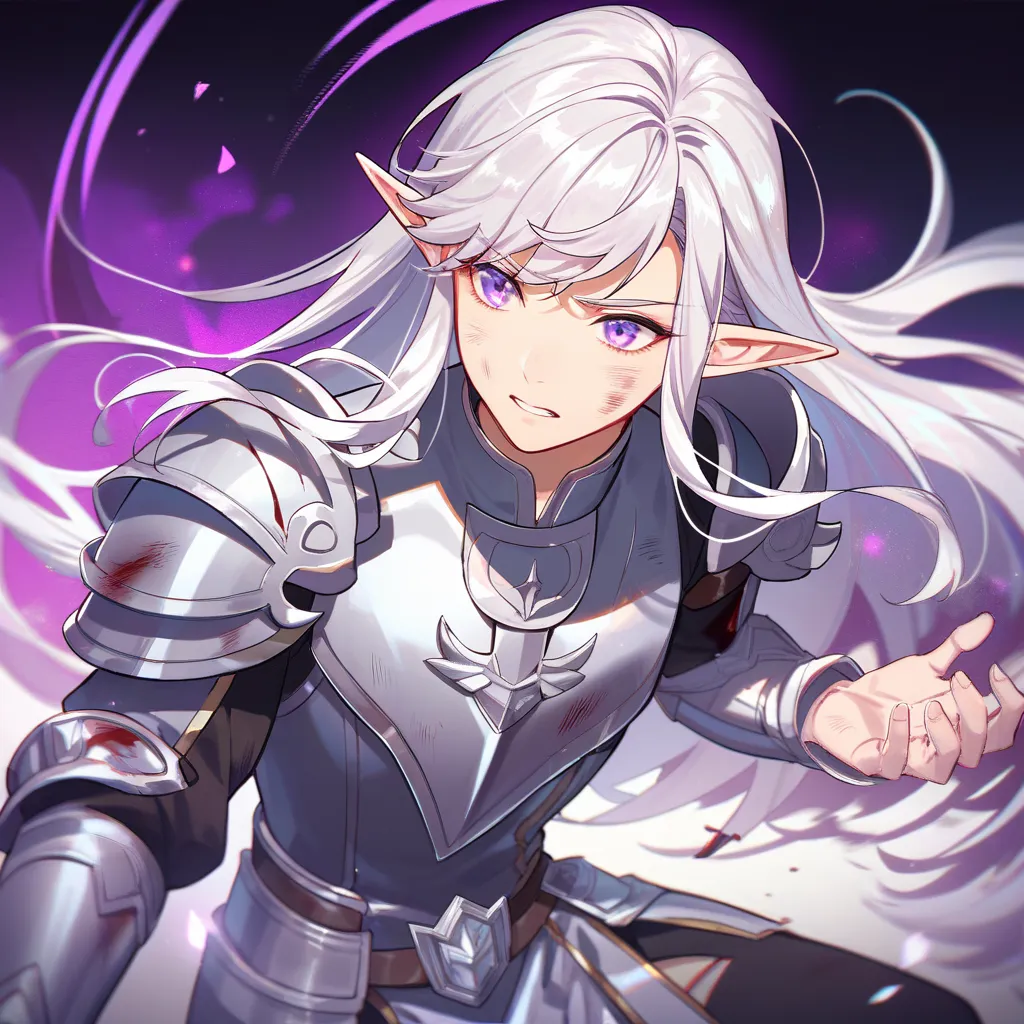 1girl, cute, pretty, white hair, long hair, bangs, purple eyes, elf ears, white skin, silver saint armor, blood in her body, injured, wound, fighting with magic and purple aura , manhwa