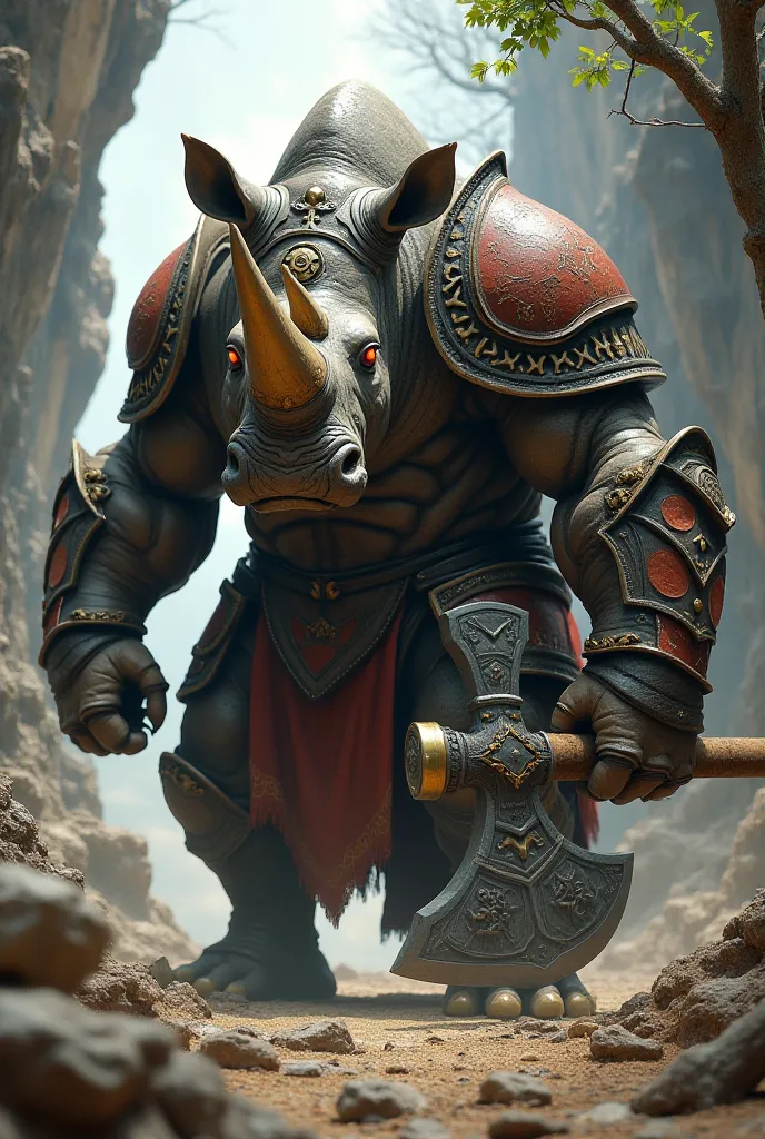 A rhinoceros dressed in medieval armor holding an axe 