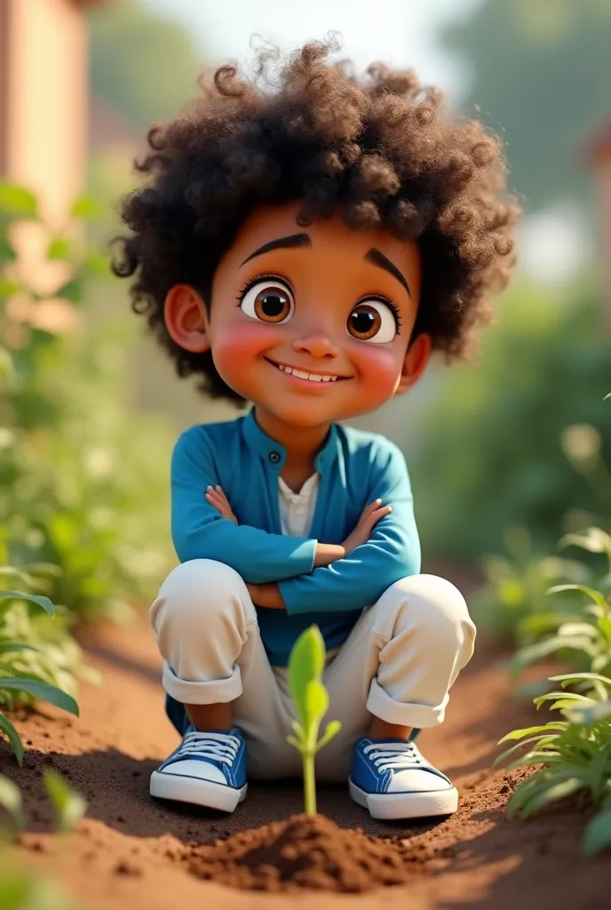 3d Pixar-style anime type of A cheerful  boy with curly hair, brown skin, and bright eyes. He is dressed in a stylish blue jalabiya over white trousers and wears sneakers. His expression is confident and friendly, radiating warmth and energy. he is in a sm...