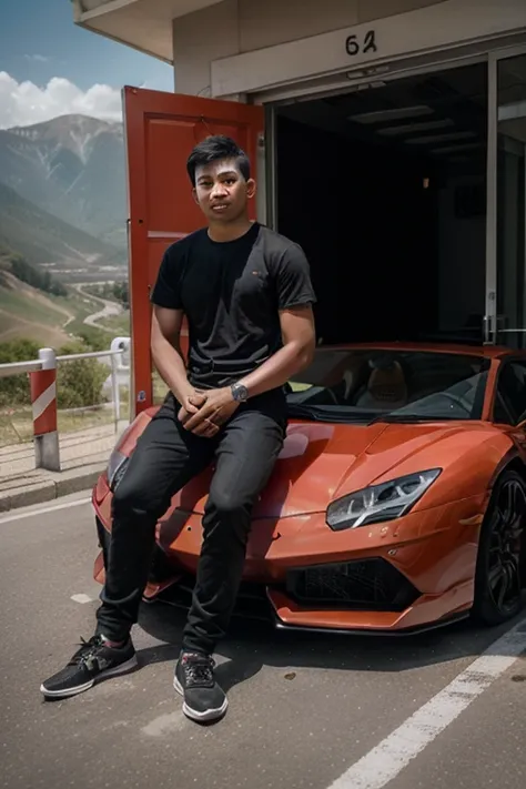  a young Indonesian man ,Again sitting relaxed at the door of a Lamborghini sports car in red background of mountains 