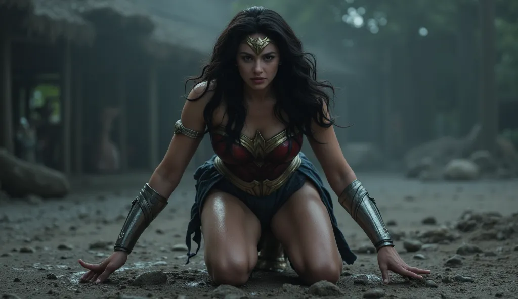  beautiful wonder woman, big breasts (1:4), kneeling, wet body, sweat a lot, stick the sword in the ground, a dramatic and cinematic atmosphere. extremely detailed eyes and face, long eye lashes, detailed skin, detailed fabric, detailed hair