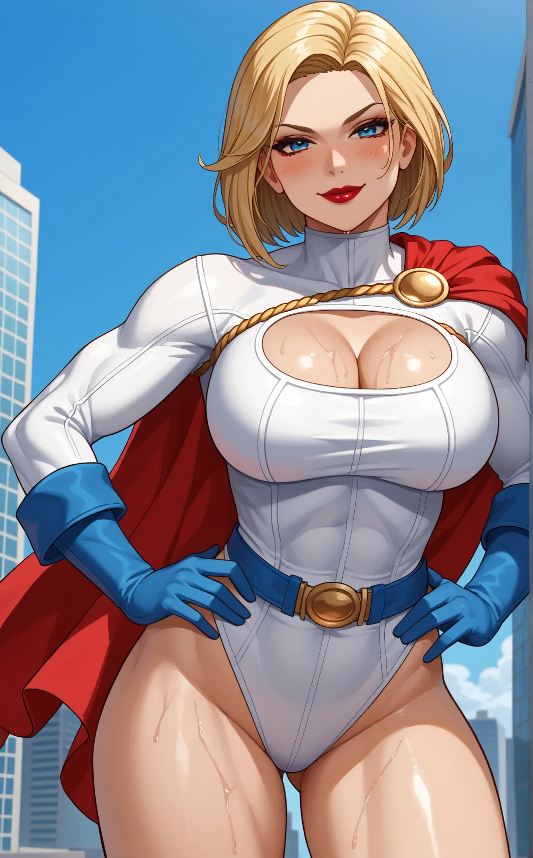 score_9, score_8_up, score_7_up, fighting stance, dynamic pose, action scene, cowboy shot, simple background,depth of field, solo, looking at viewer,  BREAK PONYXL_DC_Powergirl_ownwaifu, 1girl, blonde hair, blue eyes, large breasts, muscular female, short ...