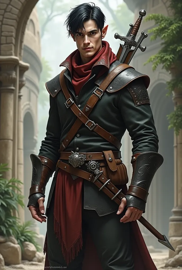  Slim and athletic half-elf man,  handsome,  rogue ,  medium-short black hair,   white skin  ,  leather armor , sword on belt and bow 