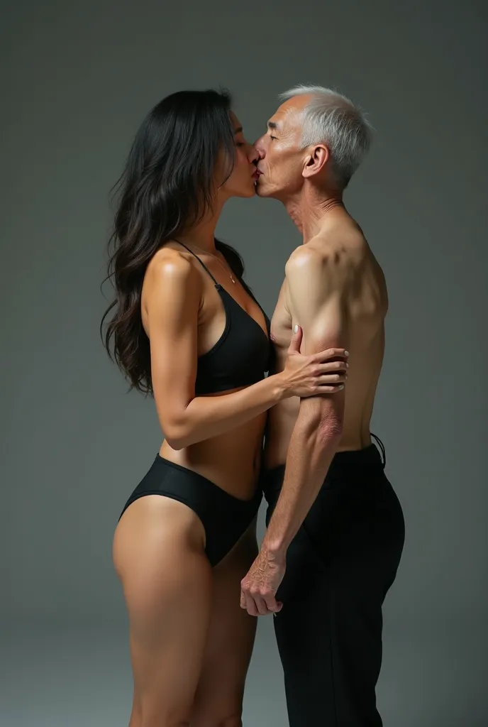 Full body photo, 8K HD High Quality image. Studio background. Tall Korean woman kiss skinny old white caucasian man. Korean woman kiss and Caucasian old man standing in full height from head to toe and FULL body from head to toe. 8k HD resolution. Hot kiss...