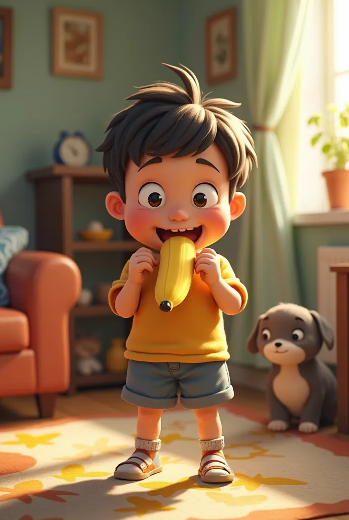 Boy eating banana with his feet
