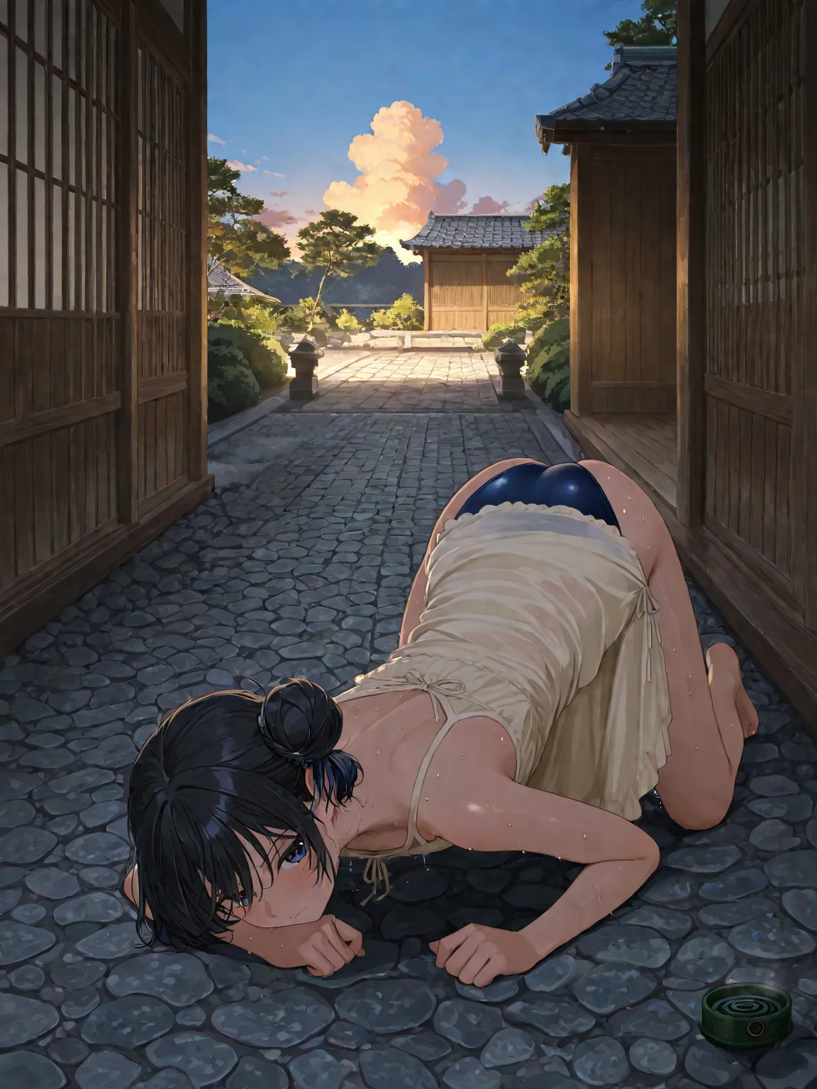  black hair bun hair ,Beige nightgown,navy blue competitive swimsuit,Japanese Garden, mosquito coil,summer,blue sky,scale cloud,On the cobblestones,evening,on all fours,Face down,Buttocks up ,is sweaty, serious expression,