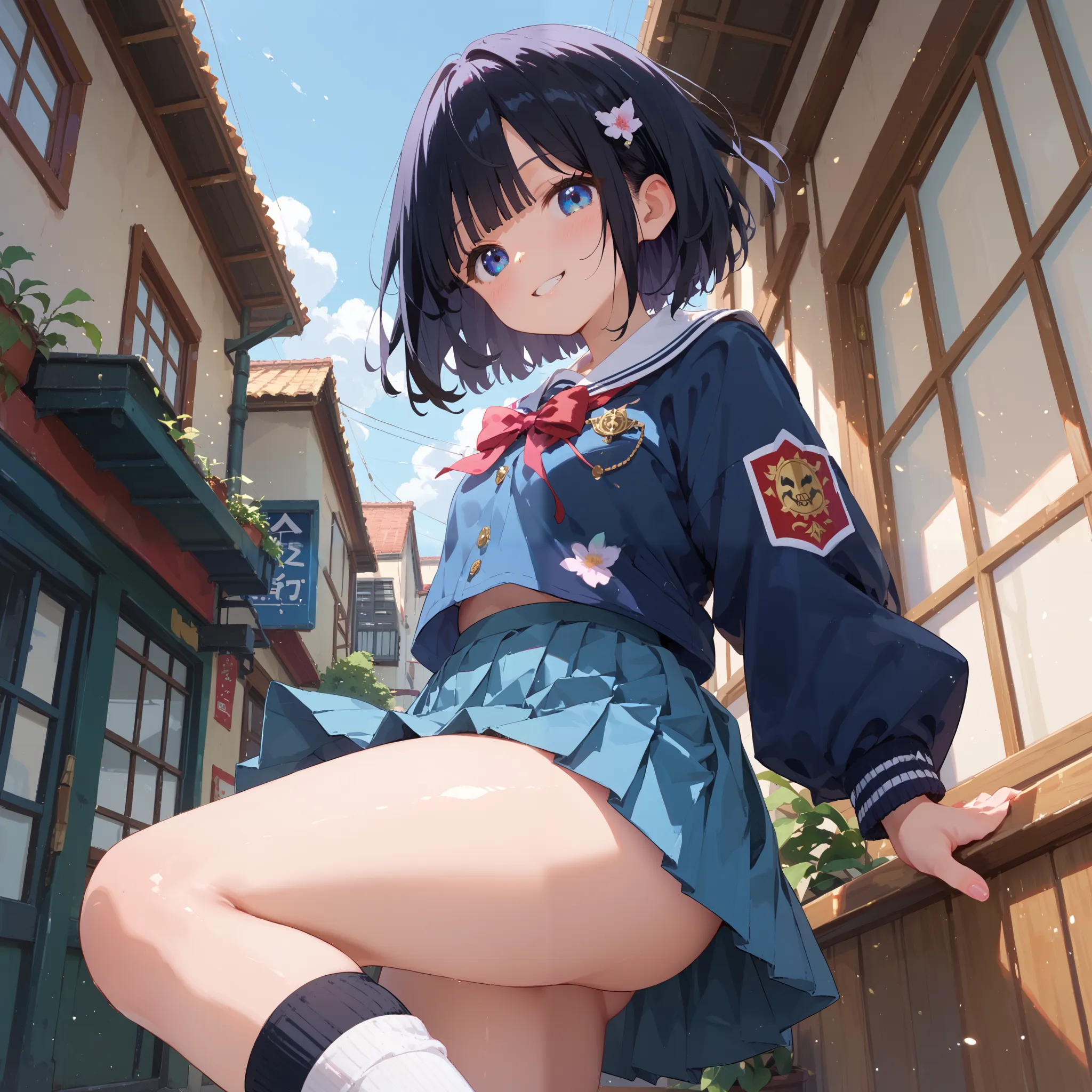 Girl swinging a bat, jetblack hair color, bob cut hairstyle,blue eyes, Pleated miniskirt,cute girl the secondary school anime style,A shy smile on your face,Cute thighs,She stands with her hands on her hips in an open stance, Panty shot,super fine illustra...