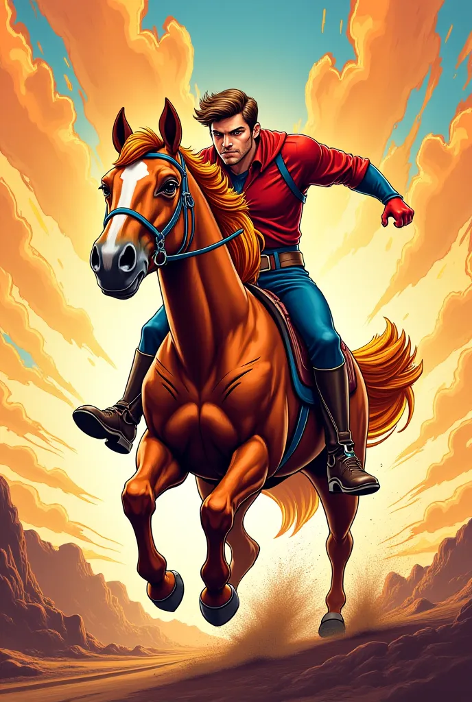 Just give me the horse with the rider with a flank background in comic animation type