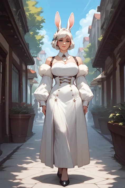 adult character ,  standing , White rabbit clothing, white clothes 