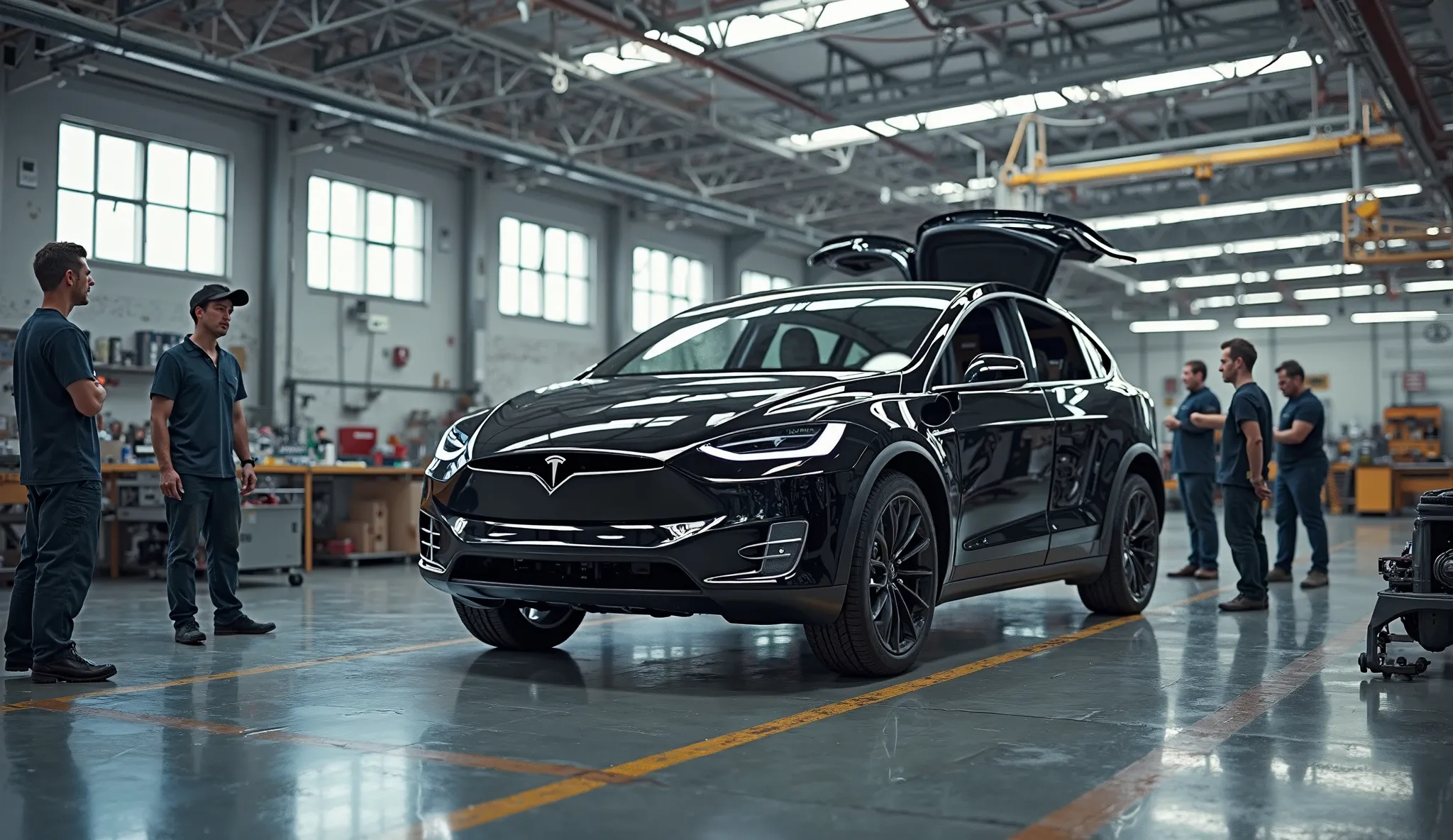 Industrial factory for an electric car, You can see a Tesla Model X car disassembled inside an industrial workshop and how each of the pieces are being assembled, there are several mechanics on the scene working on assembling the car and others supervising...