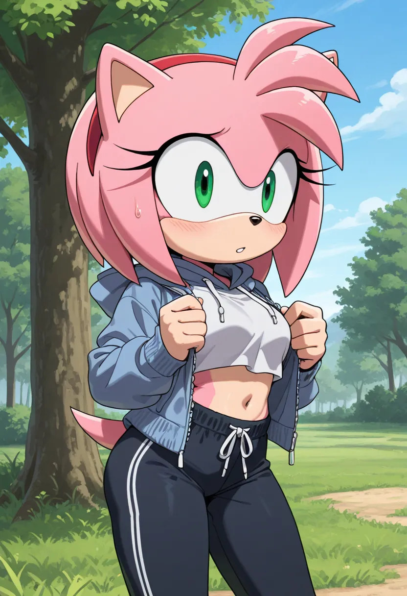 the pink and blue sonic has an open jacket on and is smoking in a tree, drawstring, furry female, 1girl, furry, solo, navel, outdoors, blue eyes, hood, pink hair, pink fur, sweat, midriff, crop top, hoodie, day, grass, animal nose, tail, pants, blush, blue...