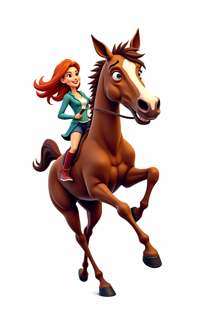 A dark brown horse with a rider riding on a white background , But let the horse be like comic book animation , the white background to be able to easily crop the image