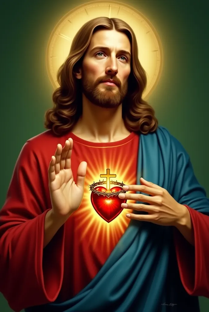 "Create a highly detailed and realistic digital painting of Jesus Christ. He should have long, wavy brown hair, a beard, and a serene yet powerful expression. His eyes should be deep and compassionate, radiating warmth and wisdom. He is wearing a red tunic...