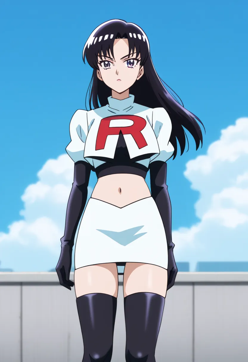 tachibana akira, long hair, black hair, purple eyes, team rocket,team rocket uniform,white skirt,red letter R,crop top,black thigh-highs,black elbow gloves,  score_9, score_8_up, score_7_up, score_6_up, score_5_up, source_anime, rating_safe, outdoors, sky,...