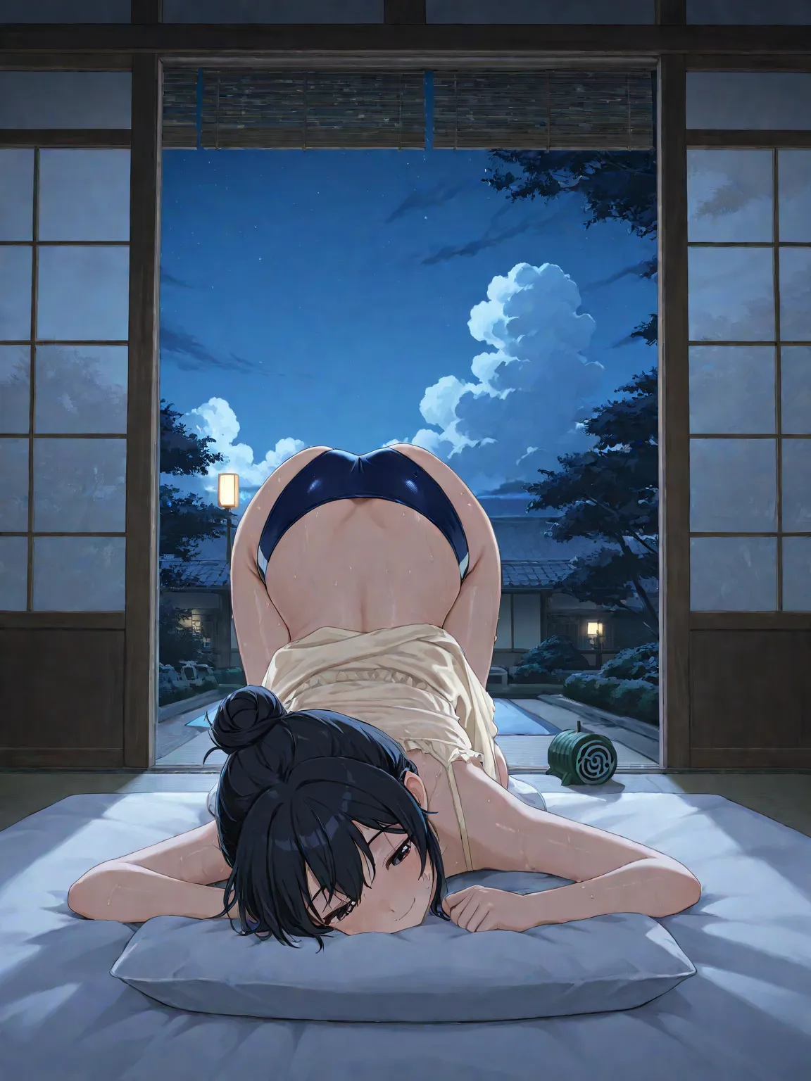  black hair bun hair ,Beige nightgown,navy blue competitive swimsuit,Japanese Garden, mosquito coil,summer,blue sky,scale cloud,bedroom,Late Night,on the futon,is turning upside down,Face down,Buttocks up ,is sweaty, gentle smile,