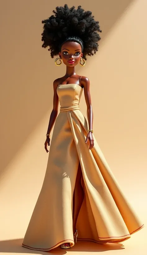 Poupée barbie avec la peau métissée couleur ambrée et les cheveux frisés attachés au sommet de la tête, elle porte une robe beige du styliste Sih Rakout qui est un styliste malgache