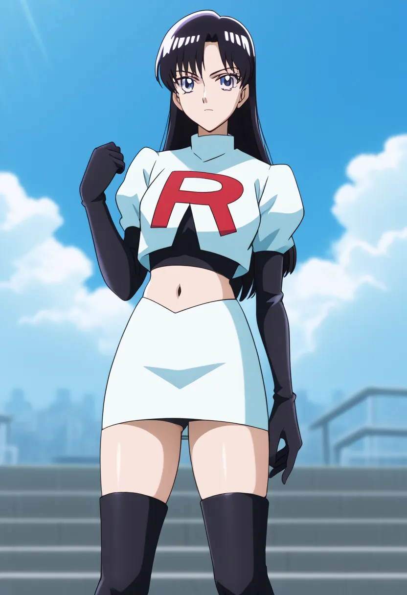 tachibana akira, long hair, black hair, purple eyes, team rocket,team rocket uniform,white skirt,red letter R,crop top,black thigh-highs,black elbow gloves,  score_9, score_8_up, score_7_up, score_6_up, score_5_up, source_anime, rating_safe, outdoors, sky,...