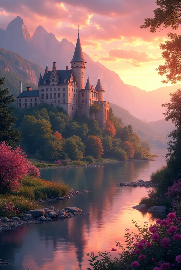 un château de princesse la belle et la bete au bord de la rivière, montagnes en arrière-plan, fleurs florales colorées, paysage détaillé, Beaux paysages naturels, éclairage atmosphérique, coucher de soleil brûlant, couleurs chaudes, pratique, photoréaliste...