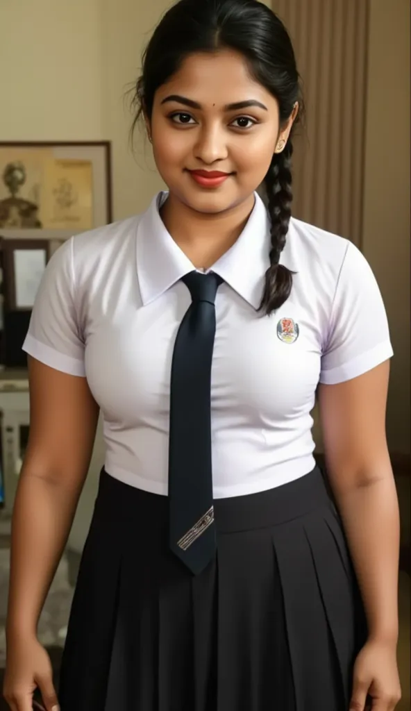 tall hot slim skinny healthy fit body white and light brown skin toned south indian white skin curvy girl with long bouncy side parted black hair, simple black bindhi, woman wearing school uniform white shirt top single unbuttoned cleavage(very big saggy b...