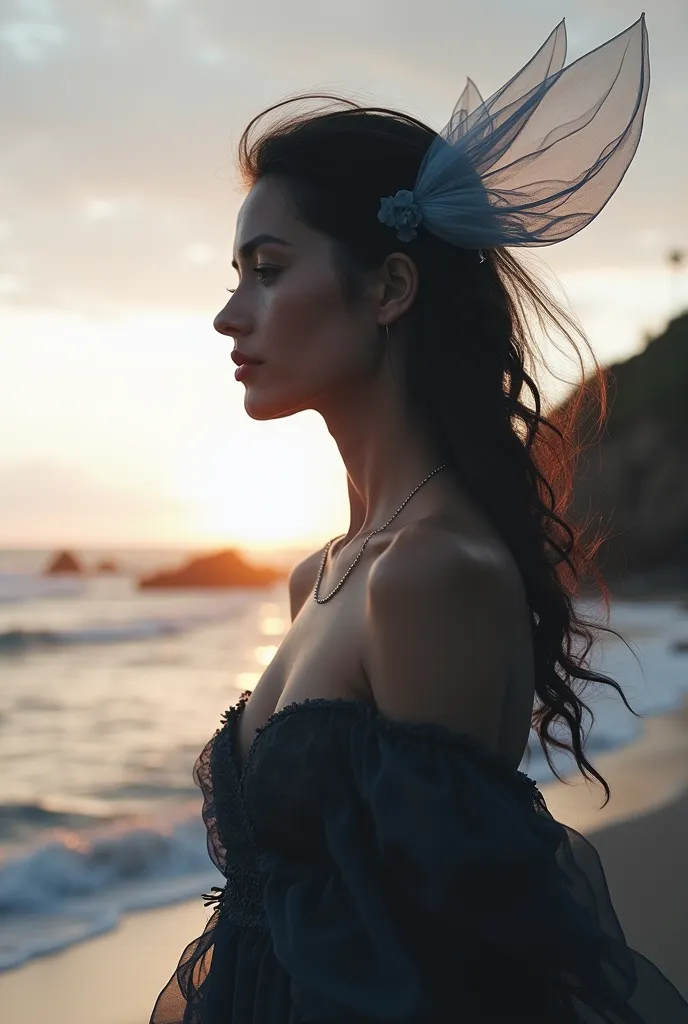 high quality, 8K ultra HD, Una hermosa double exposure que combina una silueta de diosa con la costa al atardecer, the coast at dusk should serve as a backdrop,  with its details incorporated in the goddess, sharp lines, The background is monochrome, sharp...