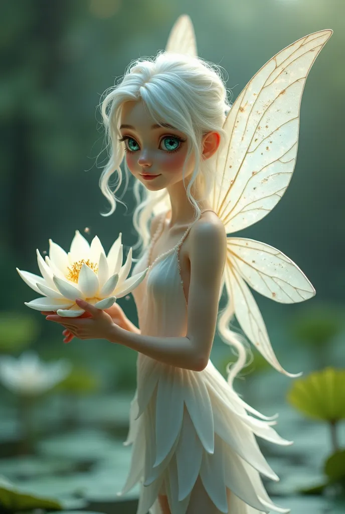 A fairy with porcelain skin, white hair and blue eyes holds a water lily in her hands, good quality, Disney style, pearlescent wings with sparkles