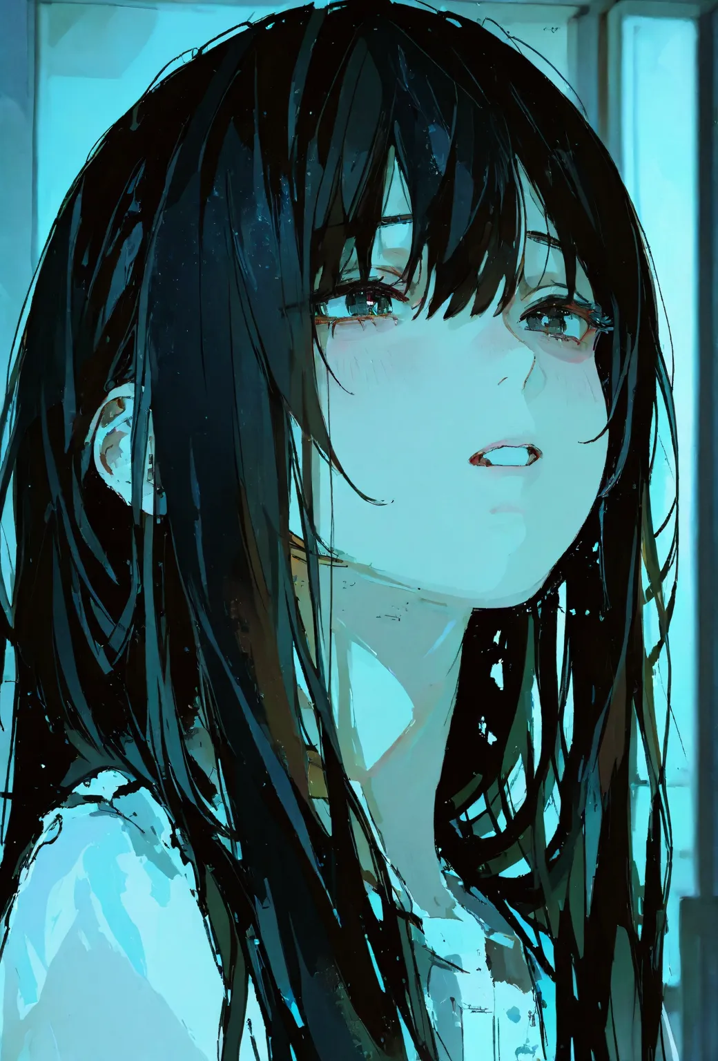 Very Long Hair, Black Hair, Parted Lips, Best Quality, Confused, 1girl, High Resolution, HD, High Details, Anime Style, Japanese Illustration Style, Realism, Illustration, 